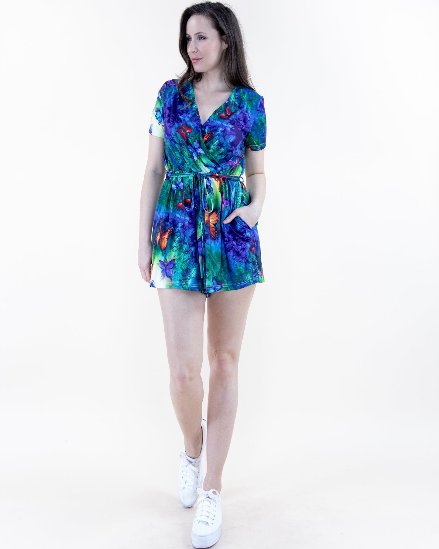 Colorful Butterfly Print Short Sleeve Romper with Waistband