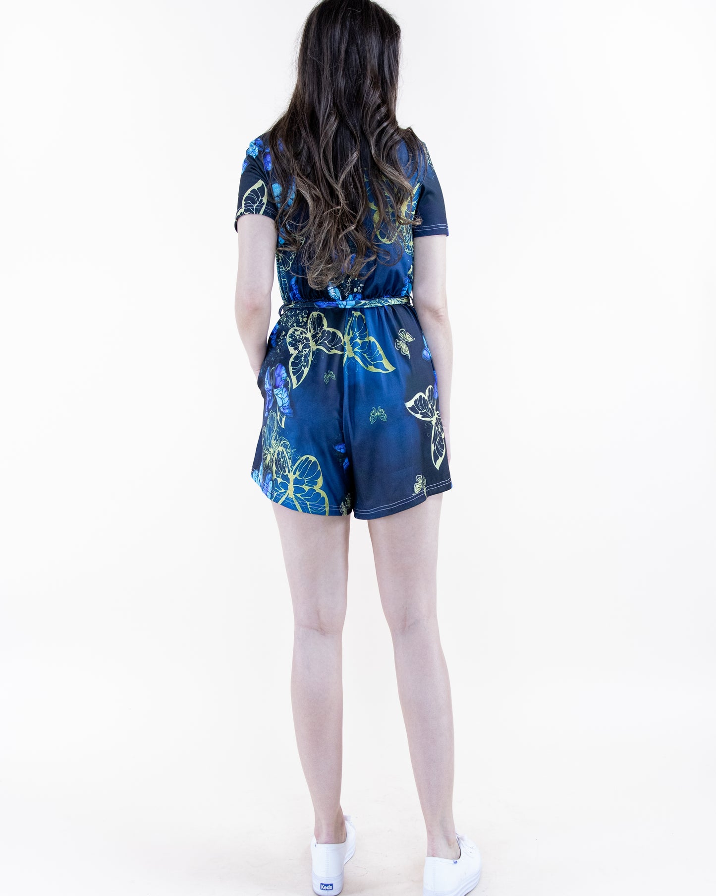 Colorful Butterfly Print Short Sleeve Romper with Waistband