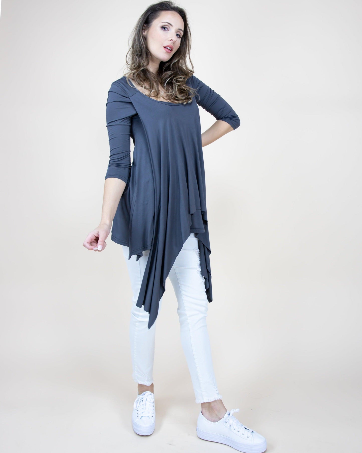 Layered Flaps 3/4 Sleeve High Low Tunic