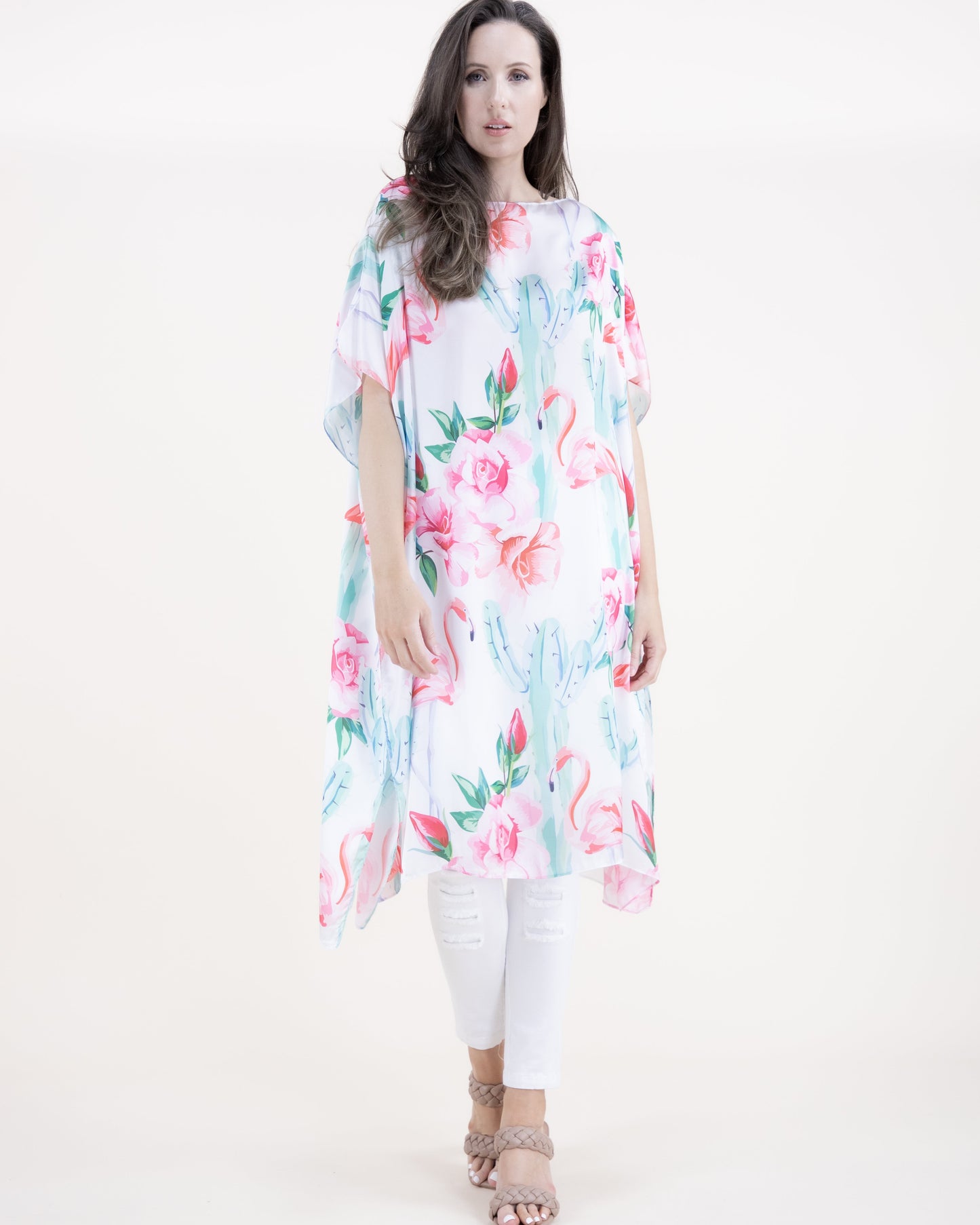 Cactus Flamingo Rose Satin Feel Kaftan