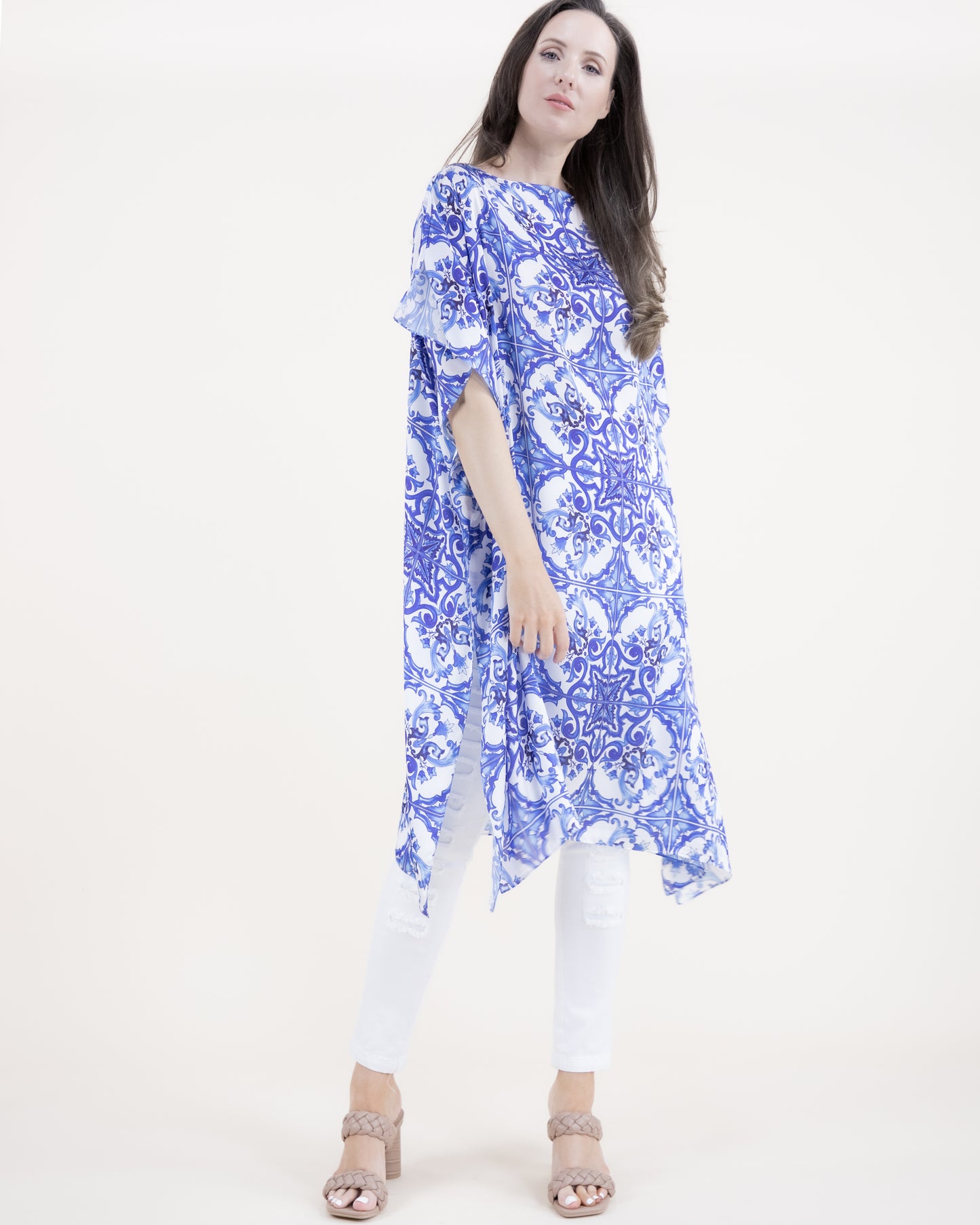 Azulejo Pattern Silky Feel Satin Kaftan