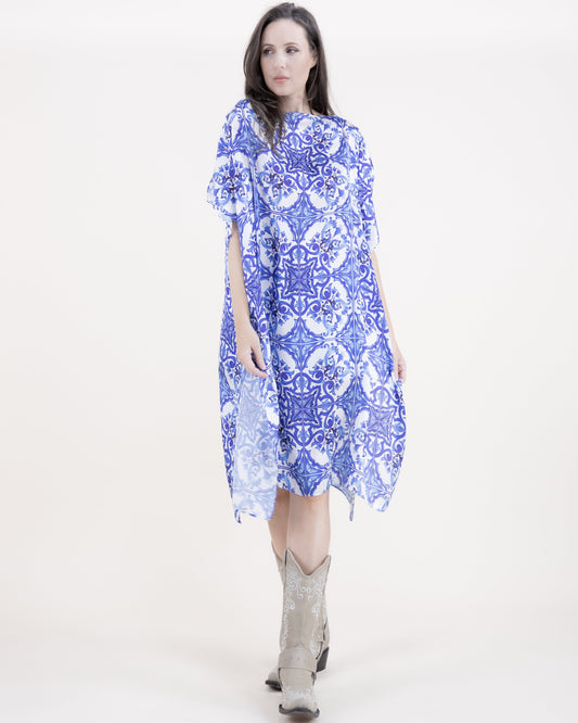 Azulejo Pattern Silky Feel Satin Kaftan