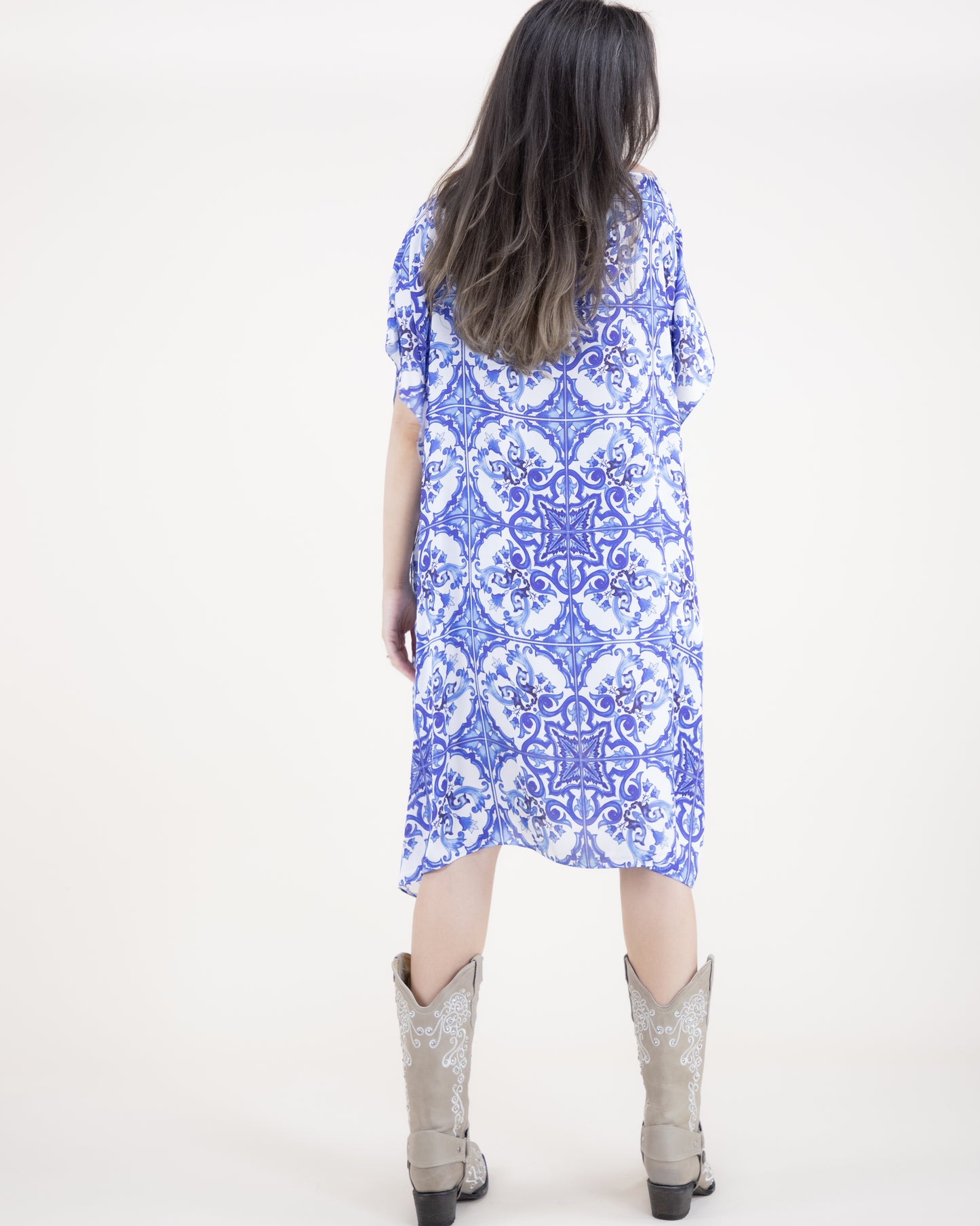 Azulejo Pattern Silky Feel Satin Kaftan