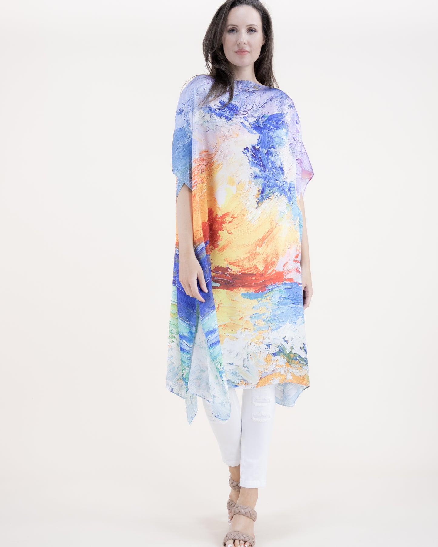Abstract Seascape Silky Feel Satin Kaftan