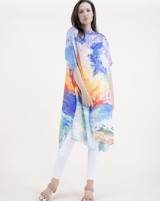 Abstract Seascape Silky Feel Satin Kaftan