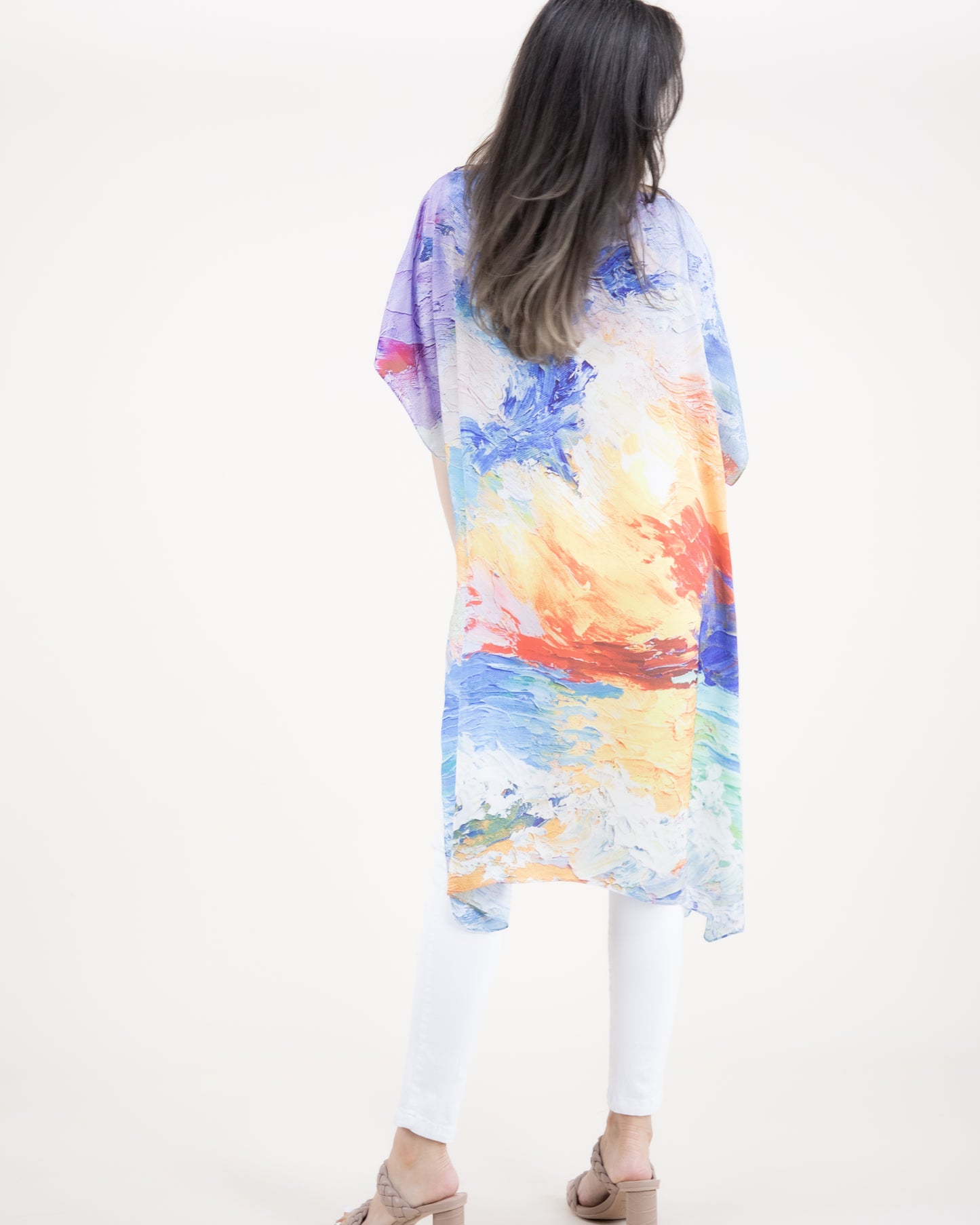 Abstract Seascape Silky Feel Satin Kaftan