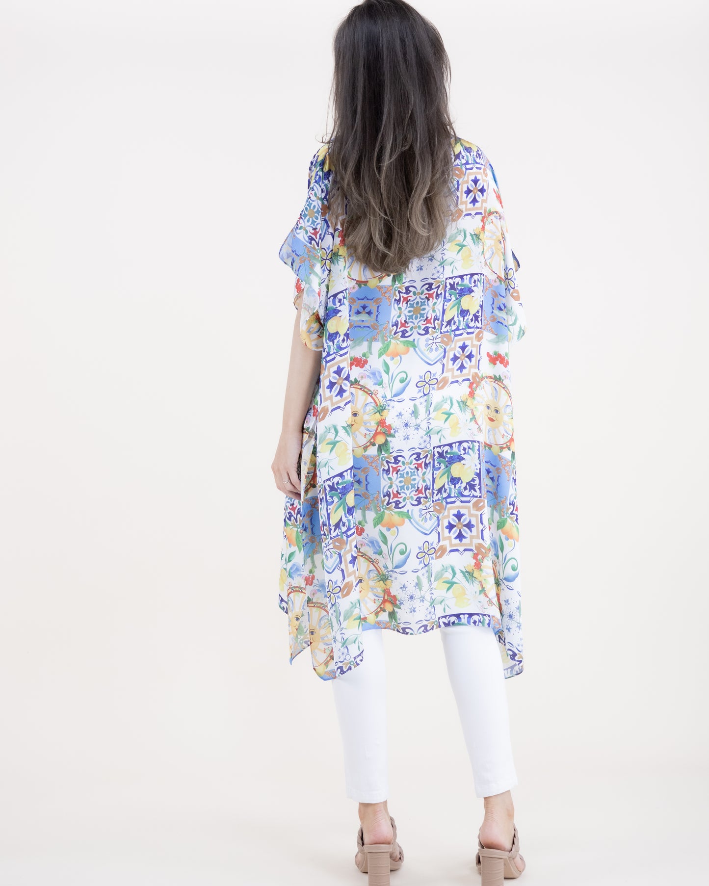 Summer Citrus Azulejo Silky Feel Satin Kaftan