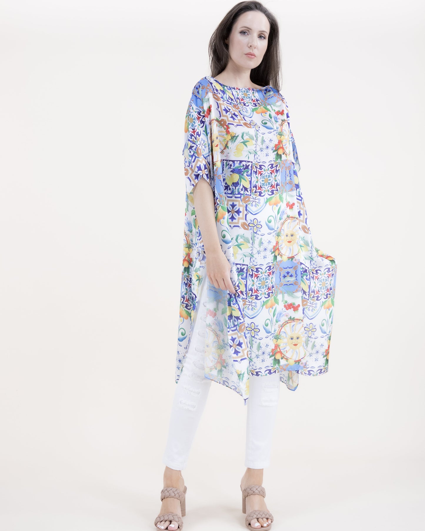 Summer Citrus Azulejo Silky Feel Satin Kaftan