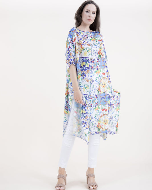 Summer Citrus Azulejo Silky Feel Satin Kaftan