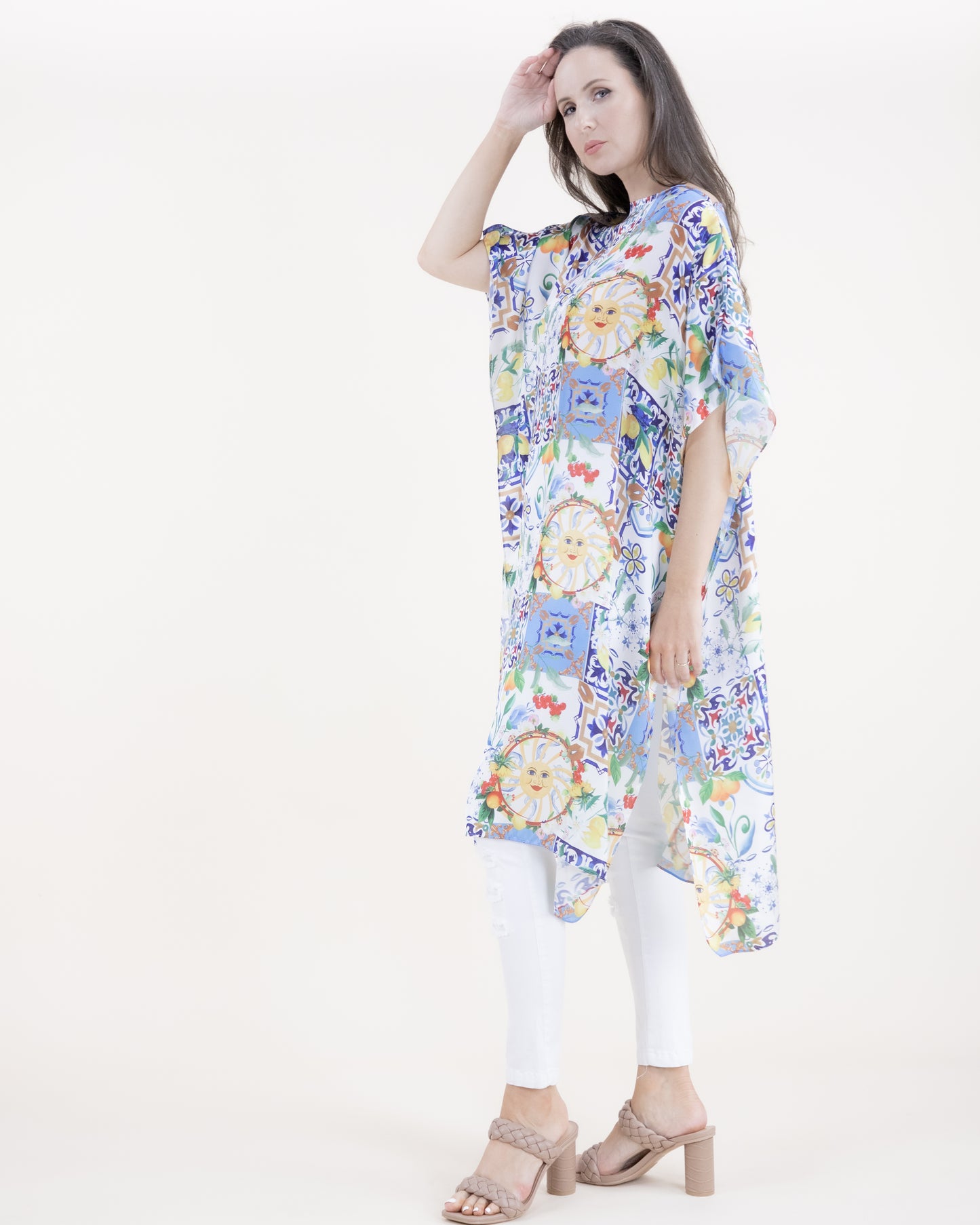 Summer Citrus Azulejo Silky Feel Satin Kaftan