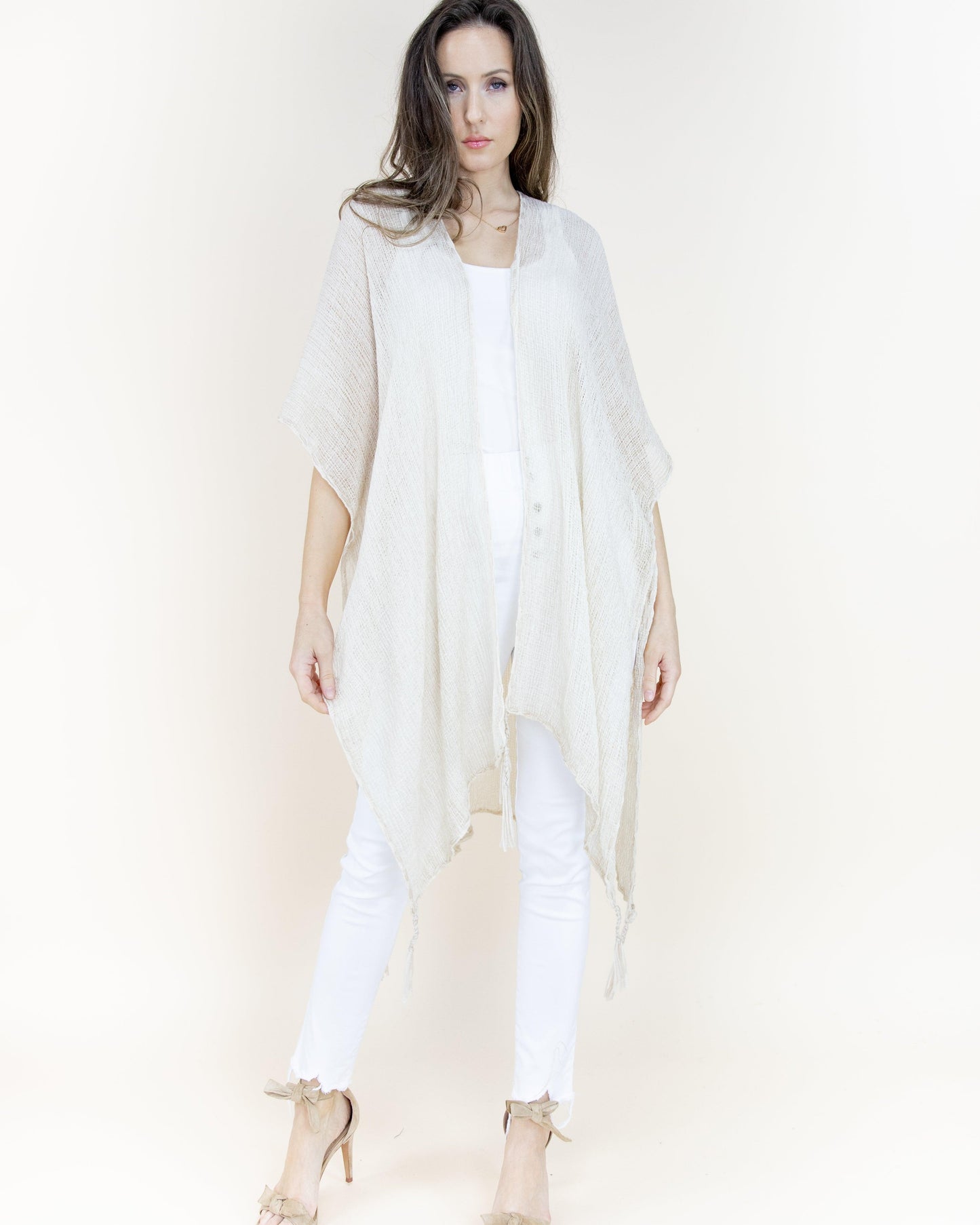 Crinkle Linen Kimono w/ Embroidery Edge Stitches