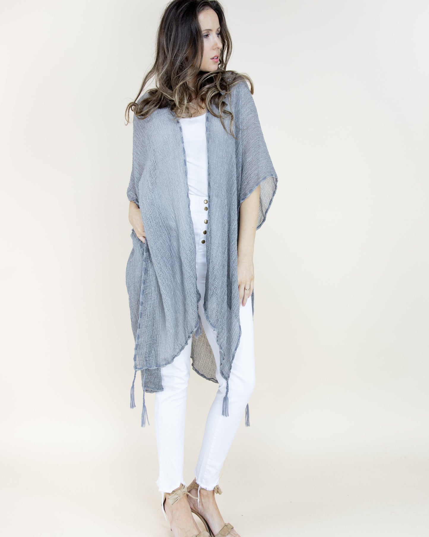 Crinkle Linen Kimono w/ Embroidery Edge Stitches