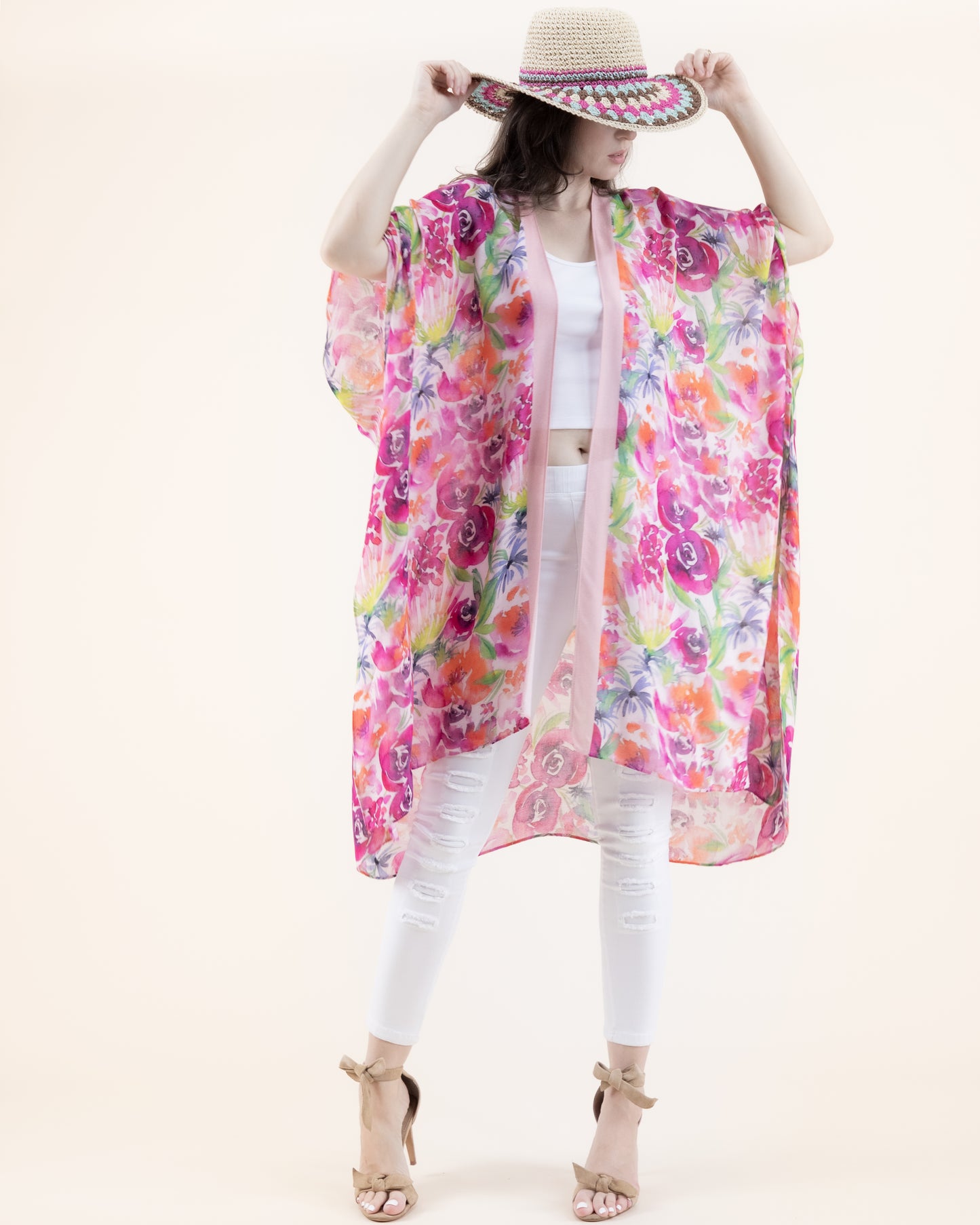 Summer Bloom Solid Border Print Kimono