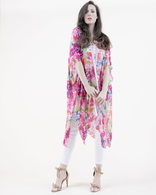 Summer Bloom Solid Border Print Kimono