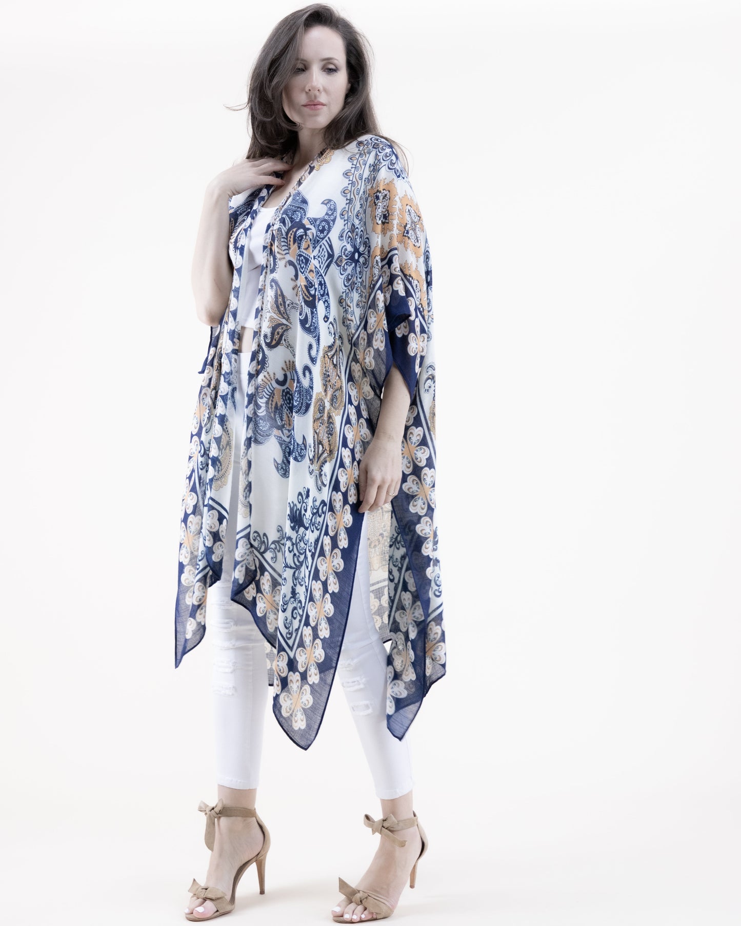 Boho Paisley Flower Border Print Kimono