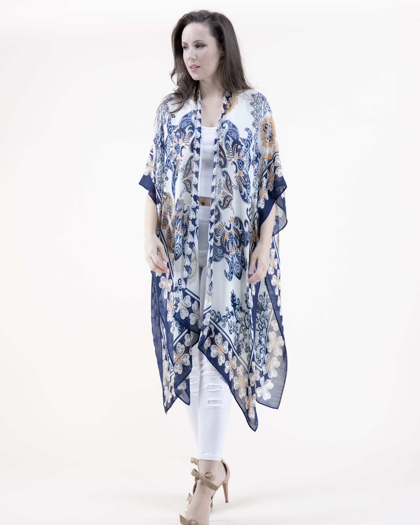 Boho Paisley Flower Border Print Kimono