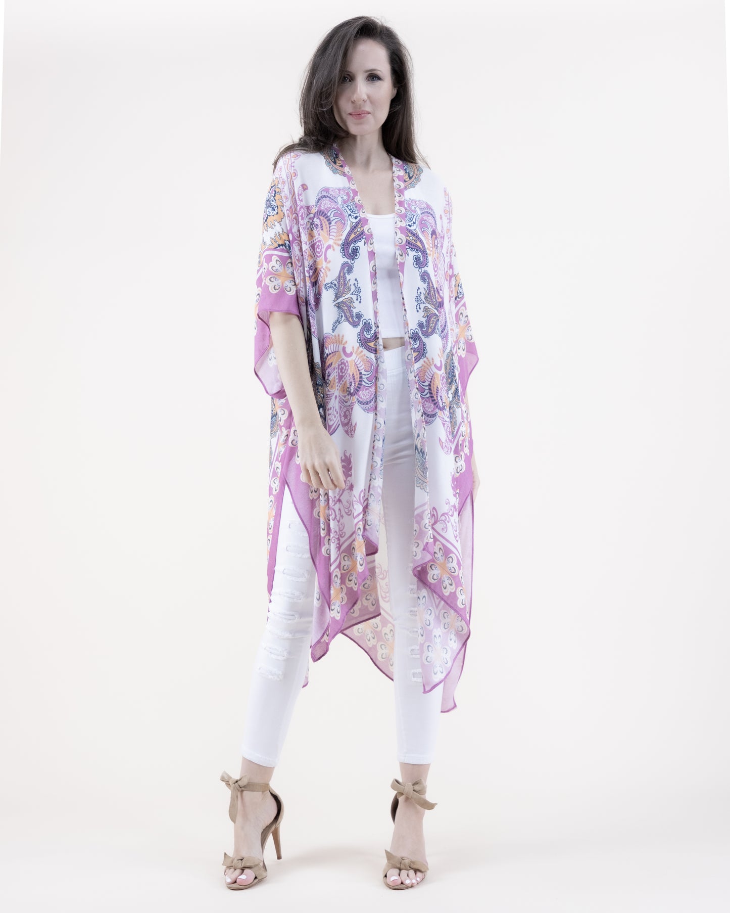 Boho Paisley Flower Border Print Kimono