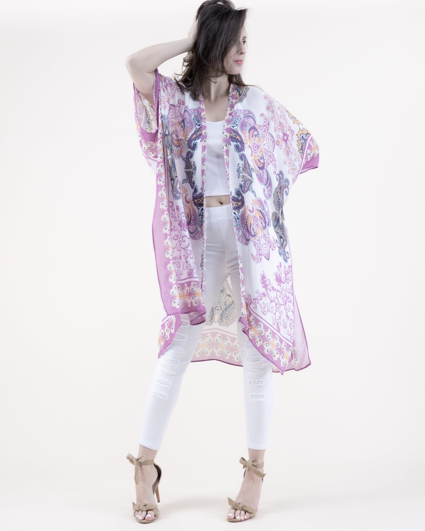 Boho Paisley Flower Border Print Kimono