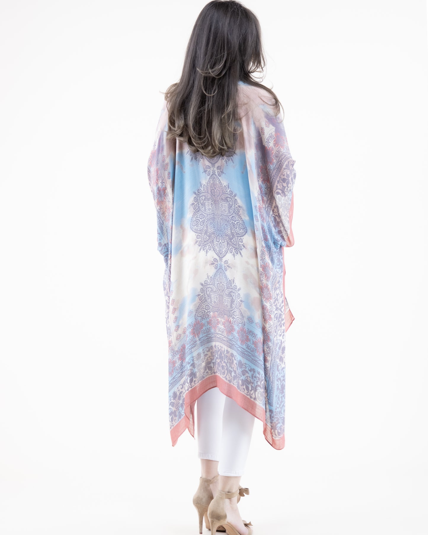 Lace Stencil Over Tie Dye Print Kimono