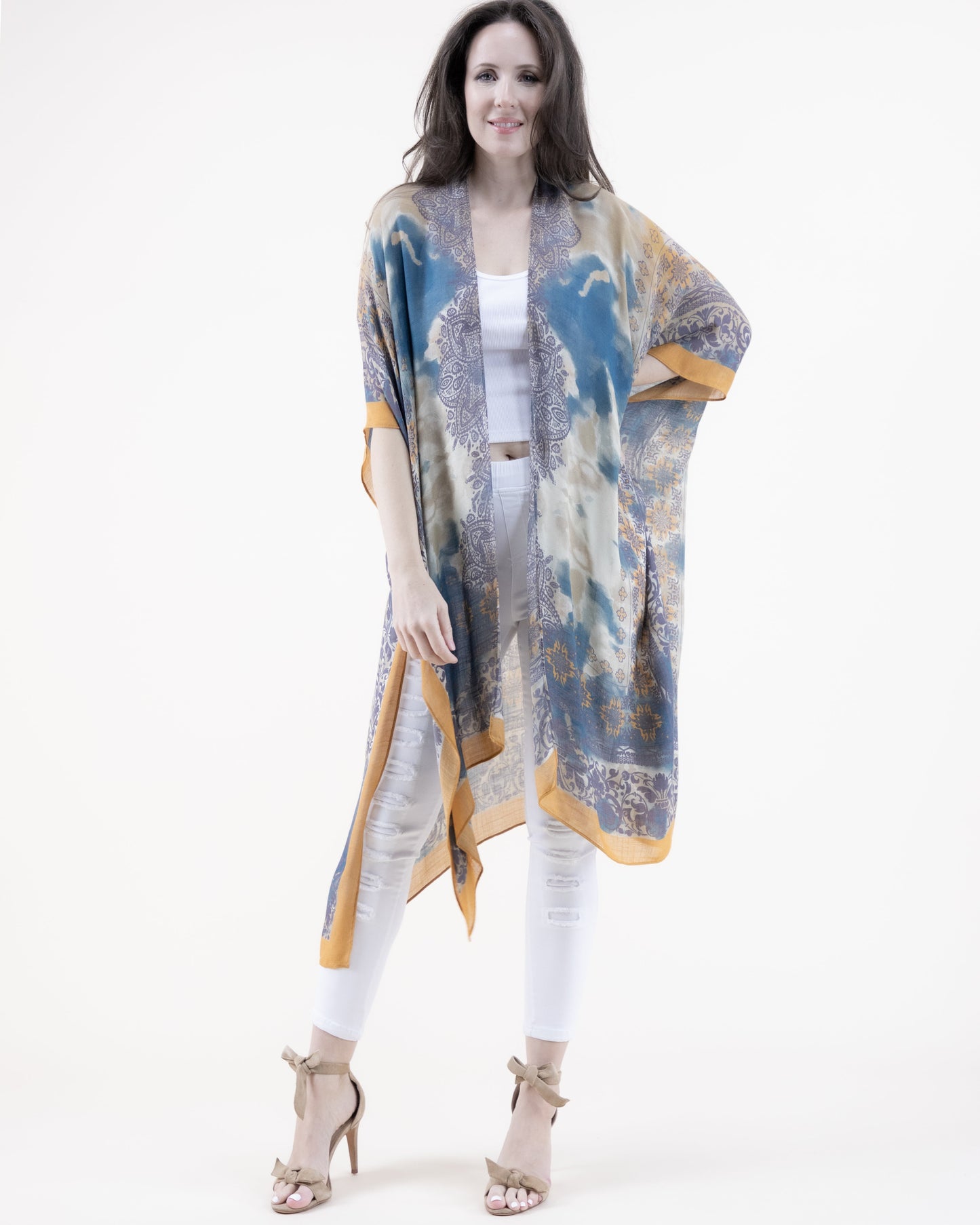 Lace Stencil Over Tie Dye Print Kimono