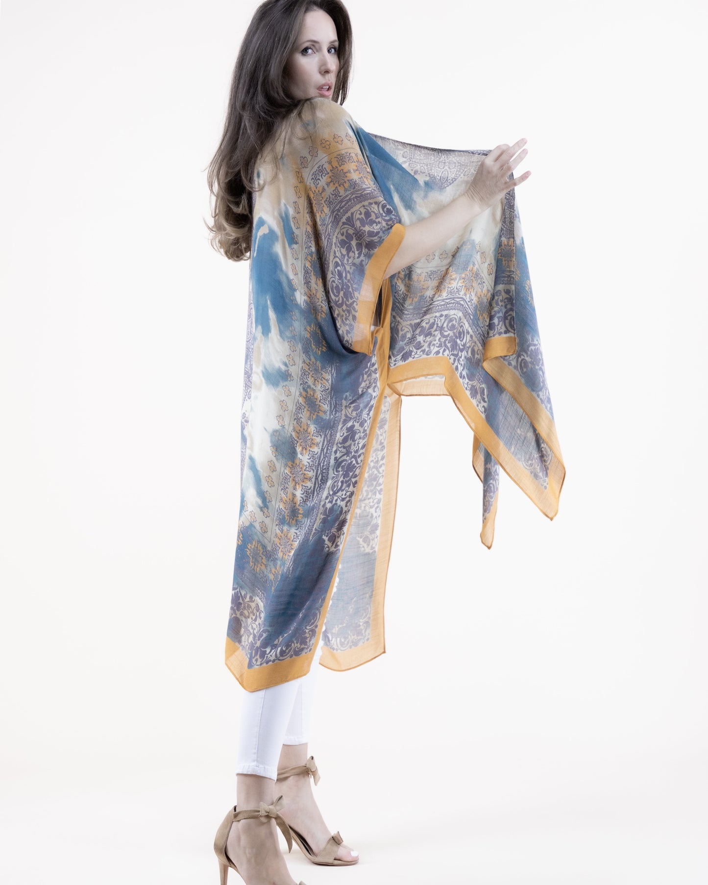 Lace Stencil Over Tie Dye Print Kimono