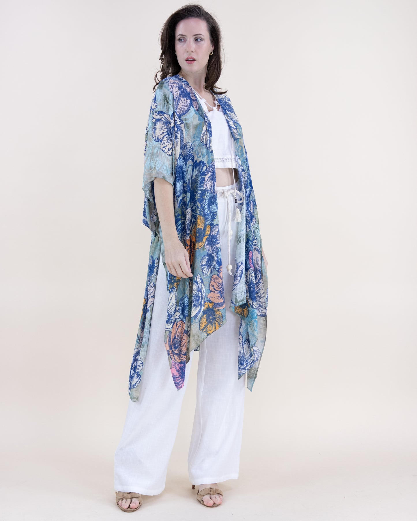 Indigo Flower Festival Print Front-Tie Beach Cover-Up