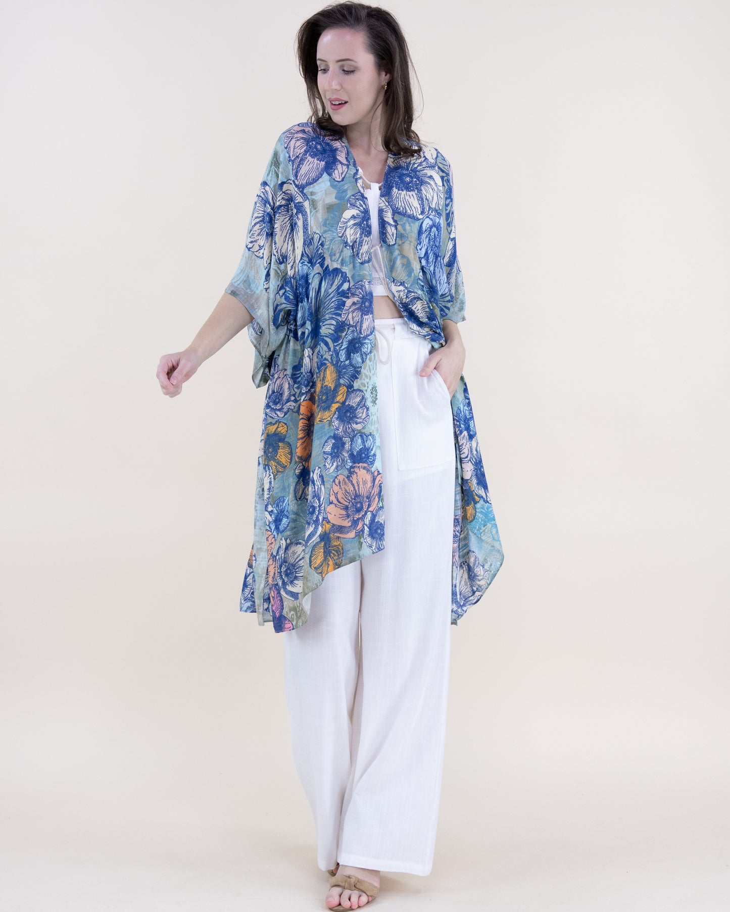 Indigo Flower Festival Print Front-Tie Beach Cover-Up