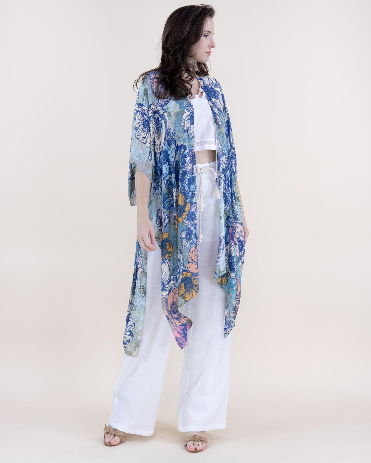 Indigo Flower Festival Print Front-Tie Beach Cover-Up