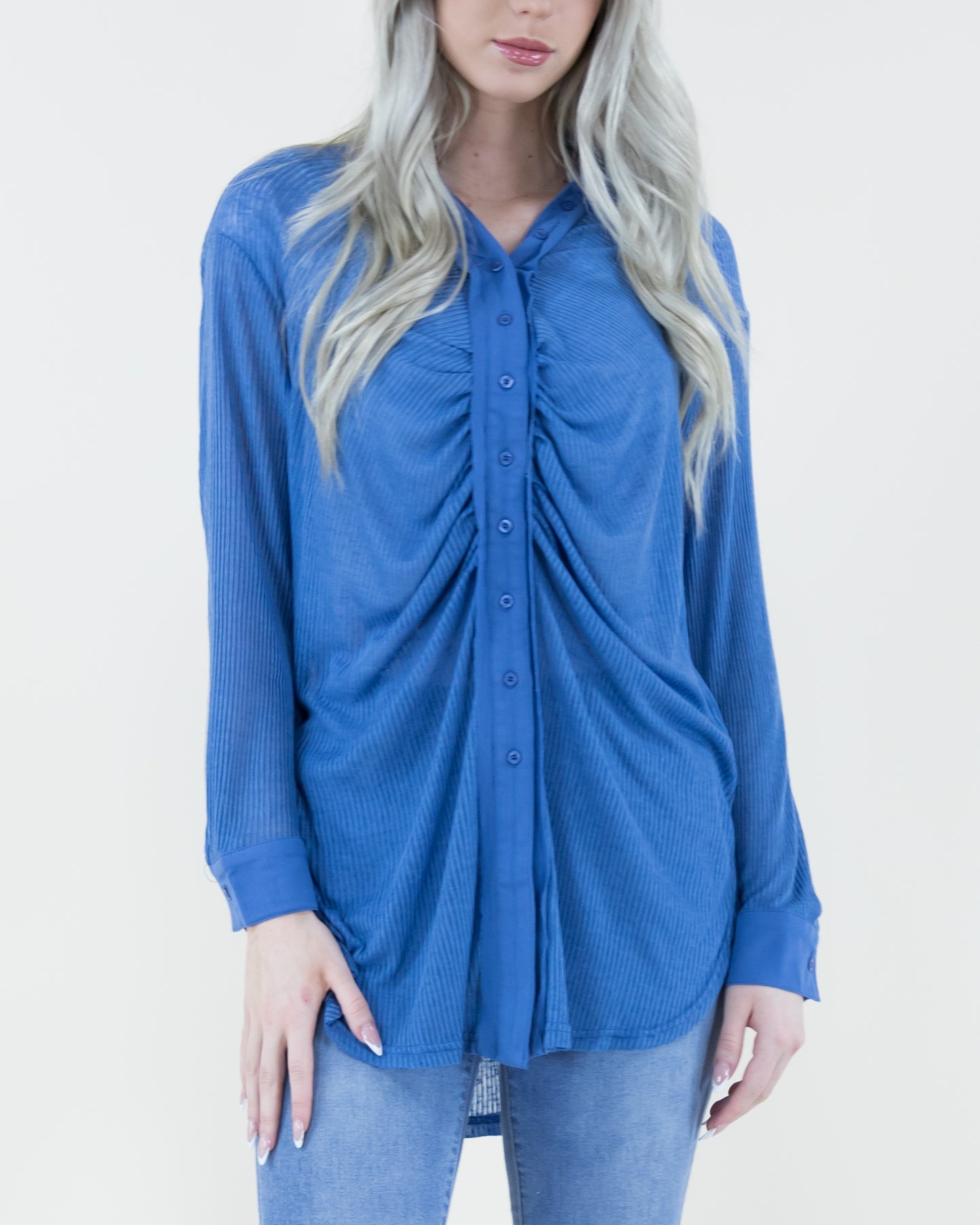 Oversized & Textured Ruched Front Button Down Long Blouse