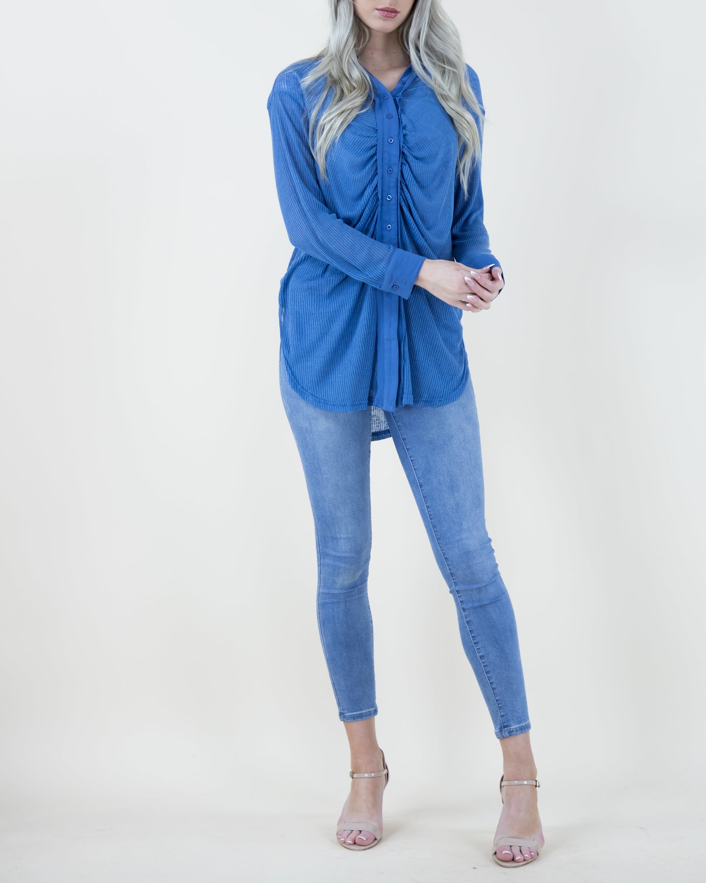 Oversized & Textured Ruched Front Button Down Long Blouse