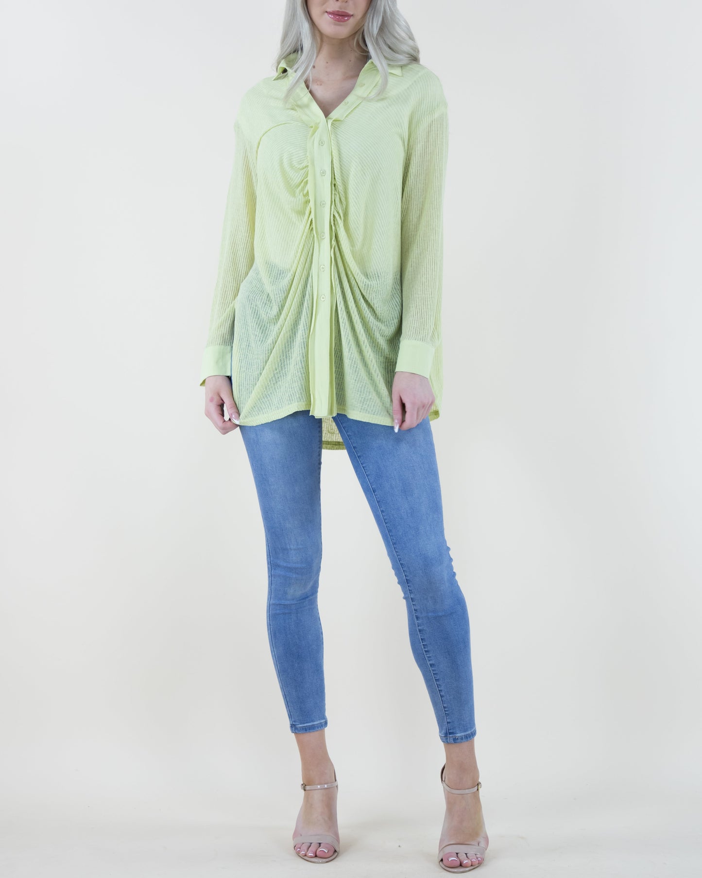 Oversized & Textured Ruched Front Button Down Long Blouse