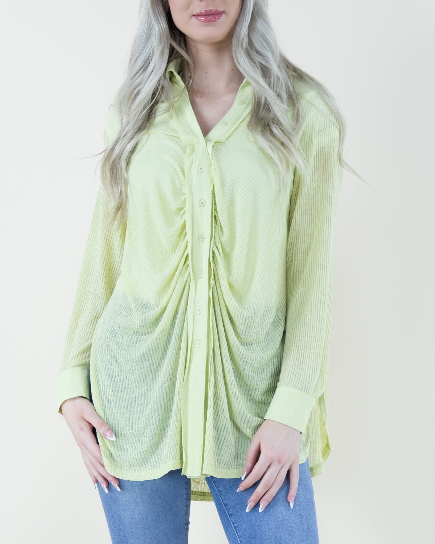 Oversized & Textured Ruched Front Button Down Long Blouse