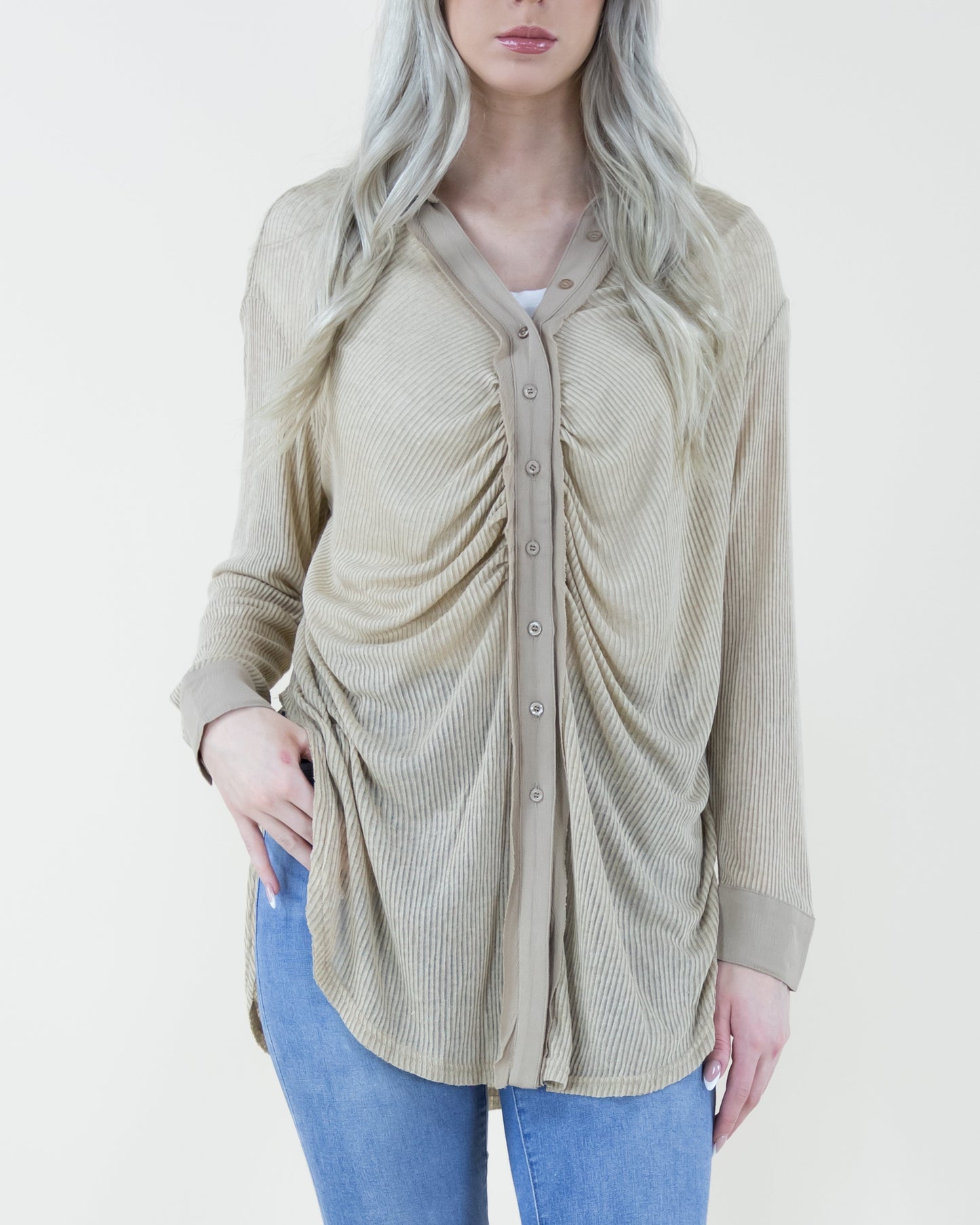 Oversized & Textured Ruched Front Button Down Long Blouse