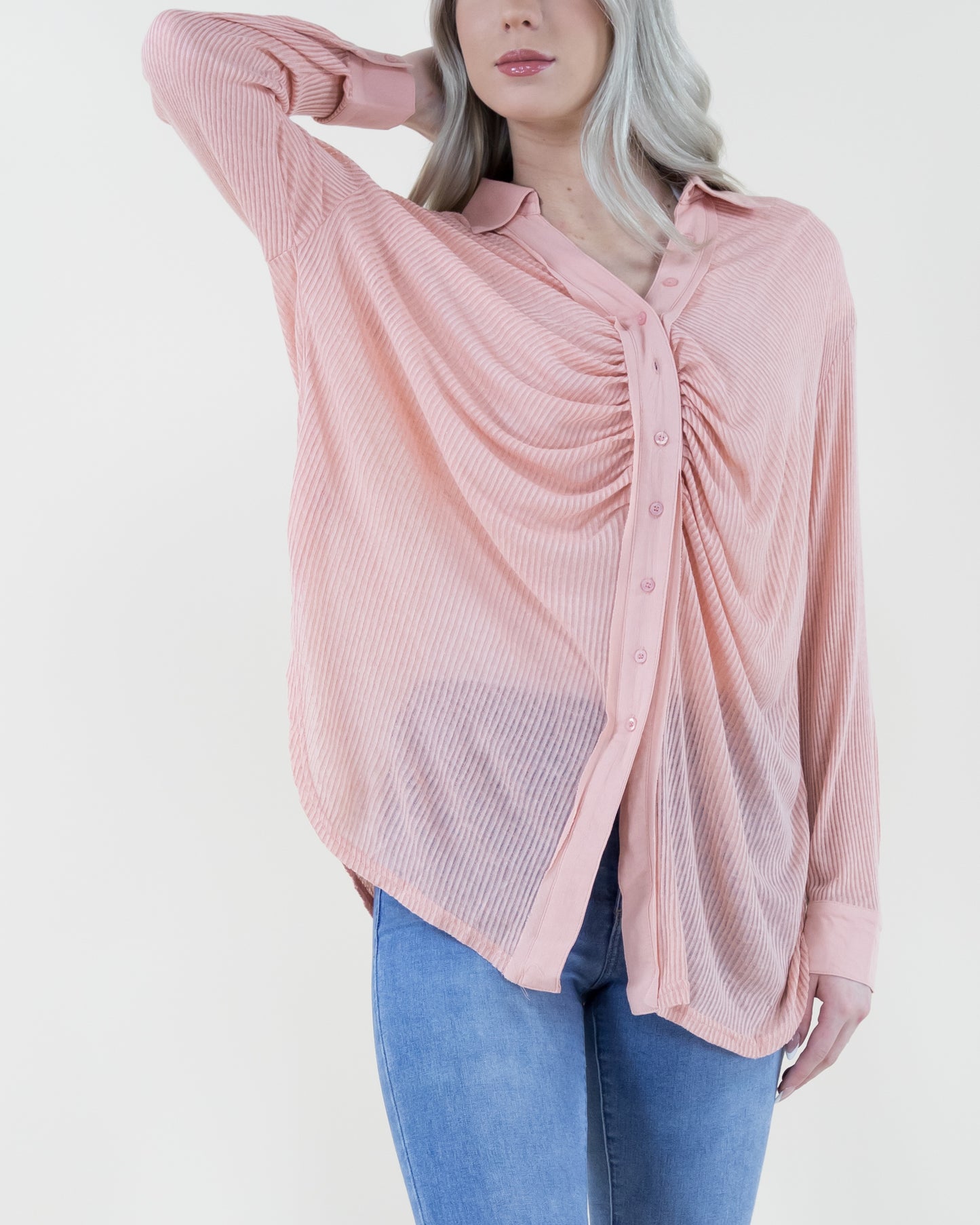 Oversized & Textured Ruched Front Button Down Long Blouse