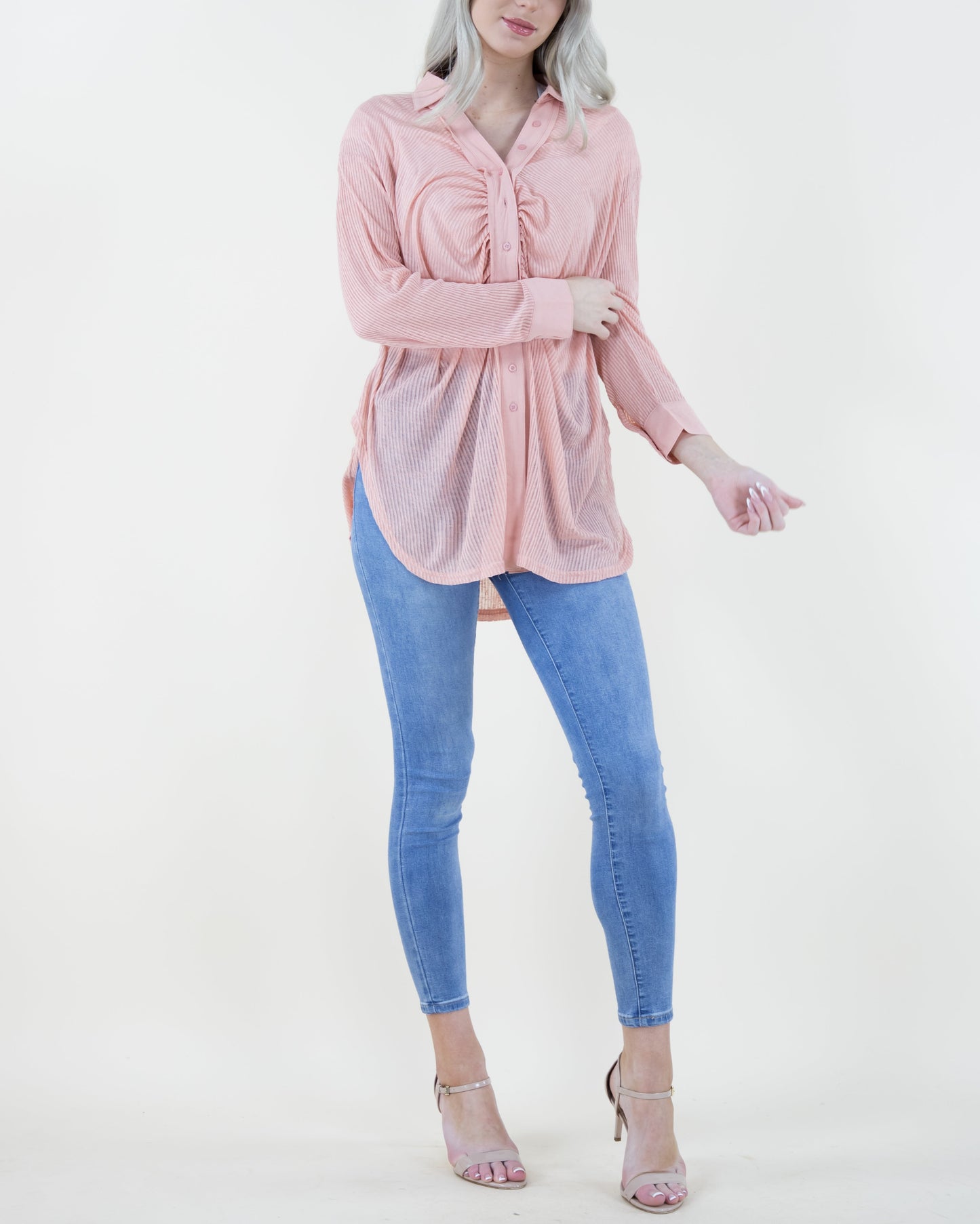 Oversized & Textured Ruched Front Button Down Long Blouse