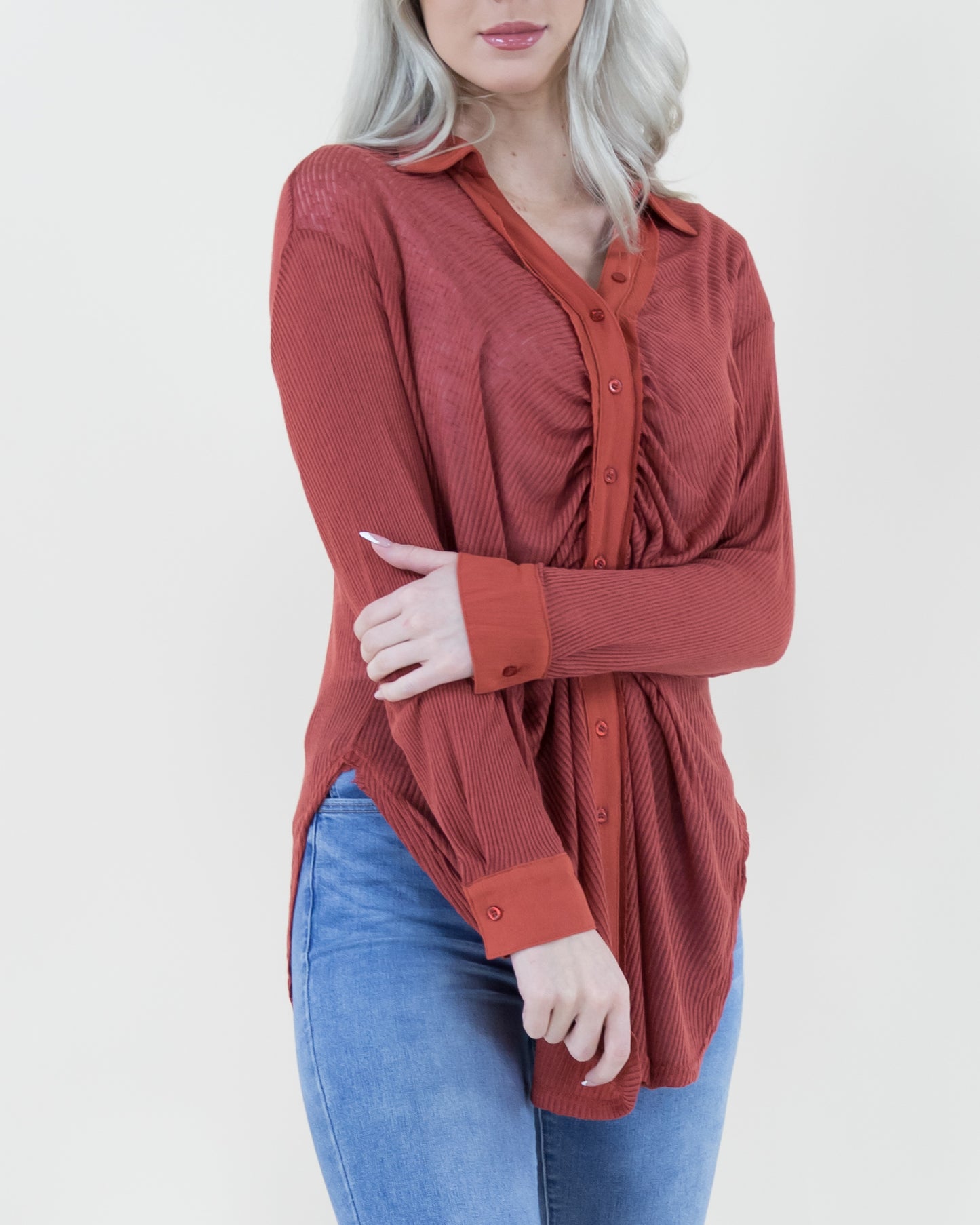 Oversized & Textured Ruched Front Button Down Long Blouse