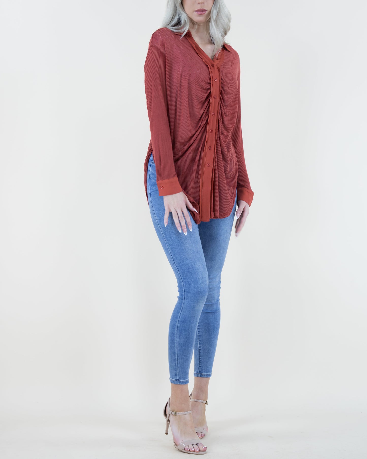 Oversized & Textured Ruched Front Button Down Long Blouse
