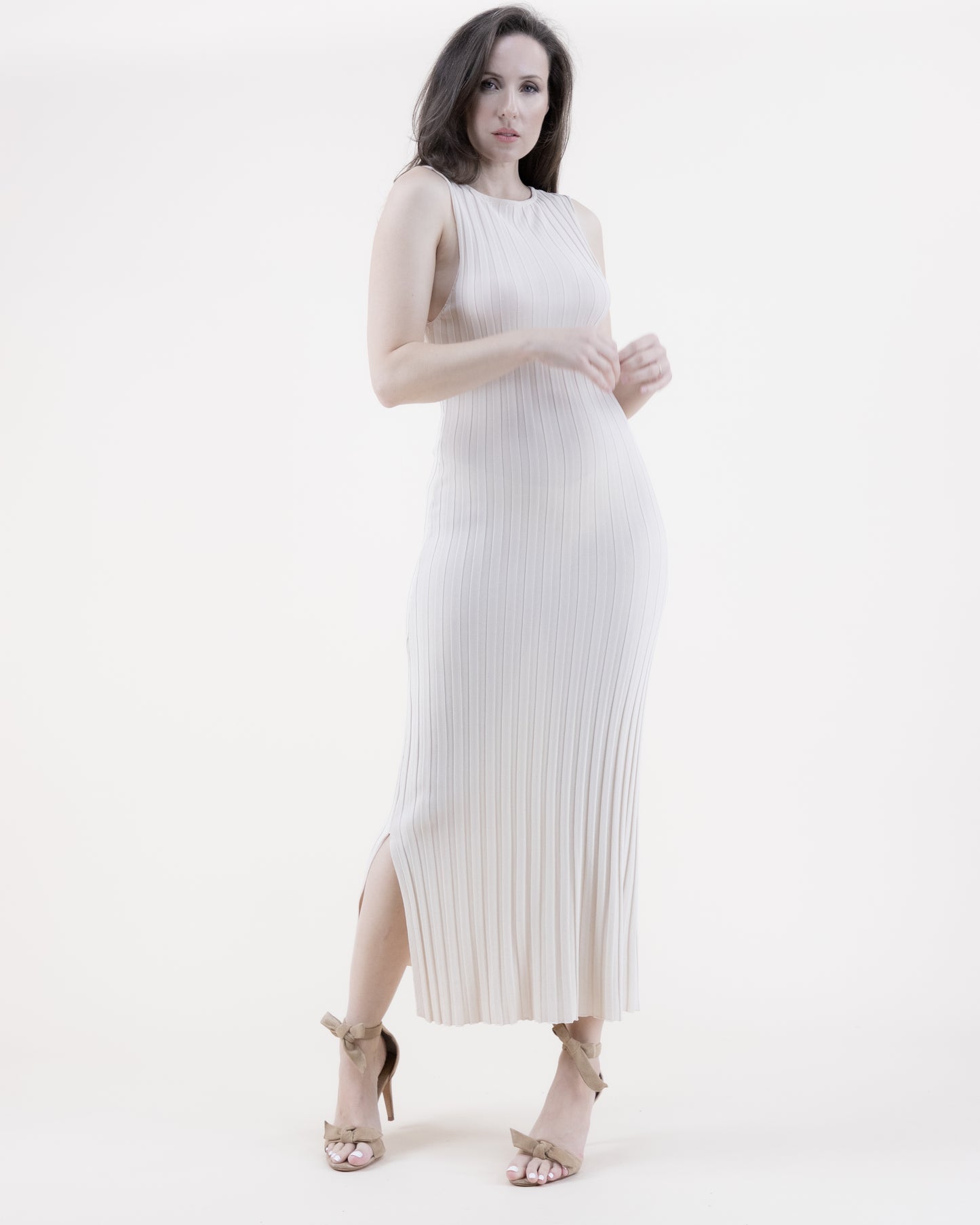 Neutral Jewel Neck Sleeveless Ribbed Knit Bodycon Dress