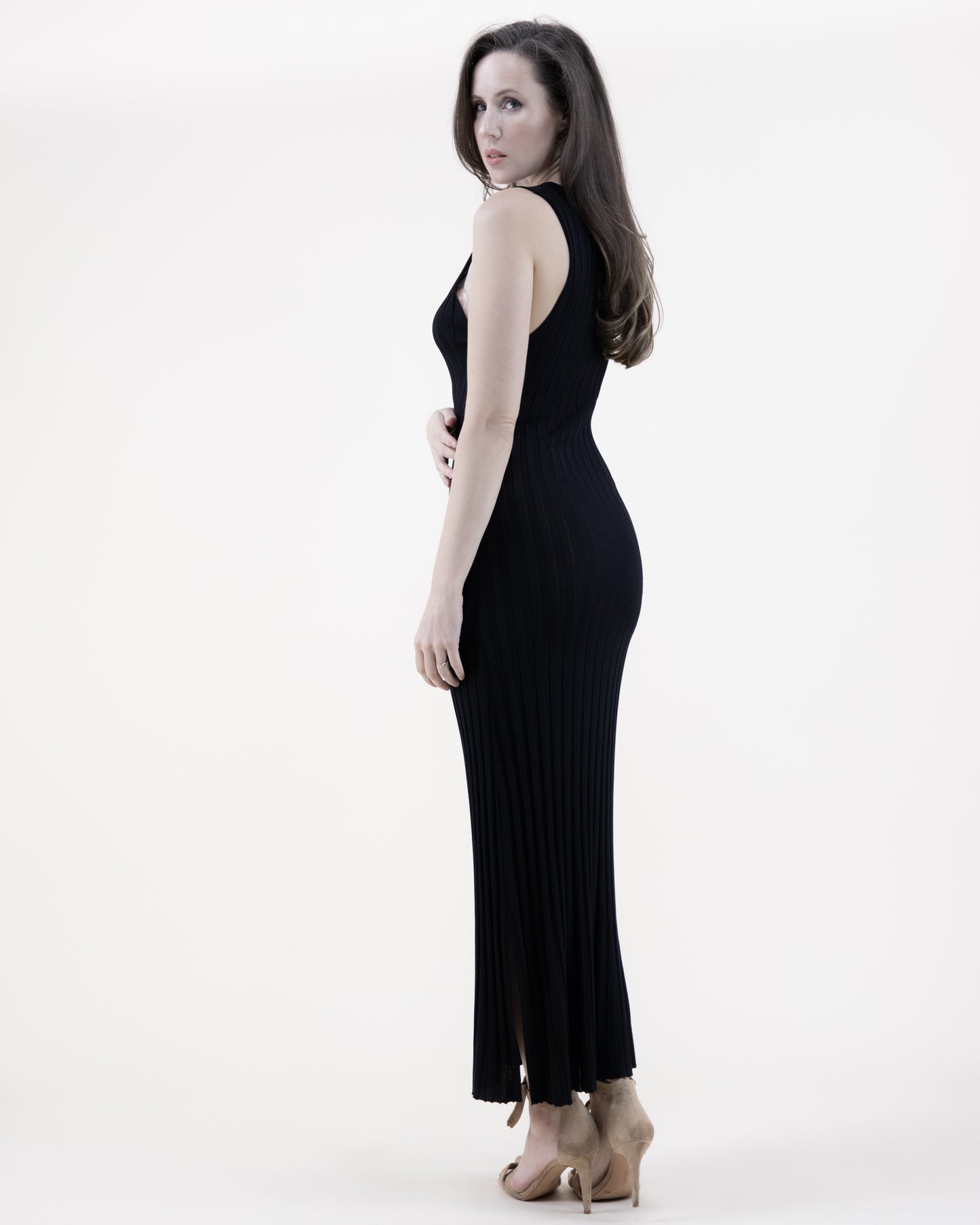 Neutral Jewel Neck Sleeveless Ribbed Knit Bodycon Dress
