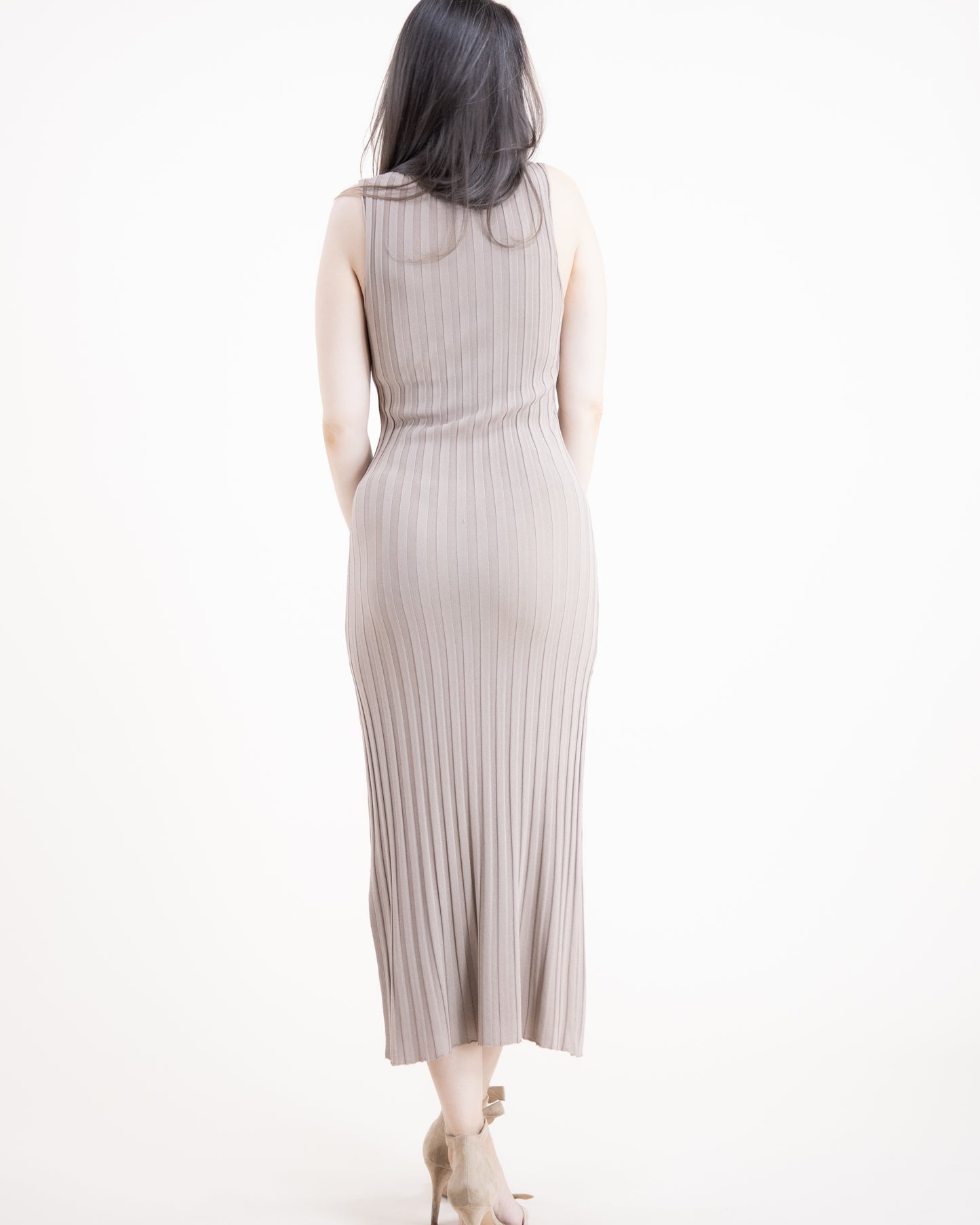 Neutral Jewel Neck Sleeveless Ribbed Knit Bodycon Dress