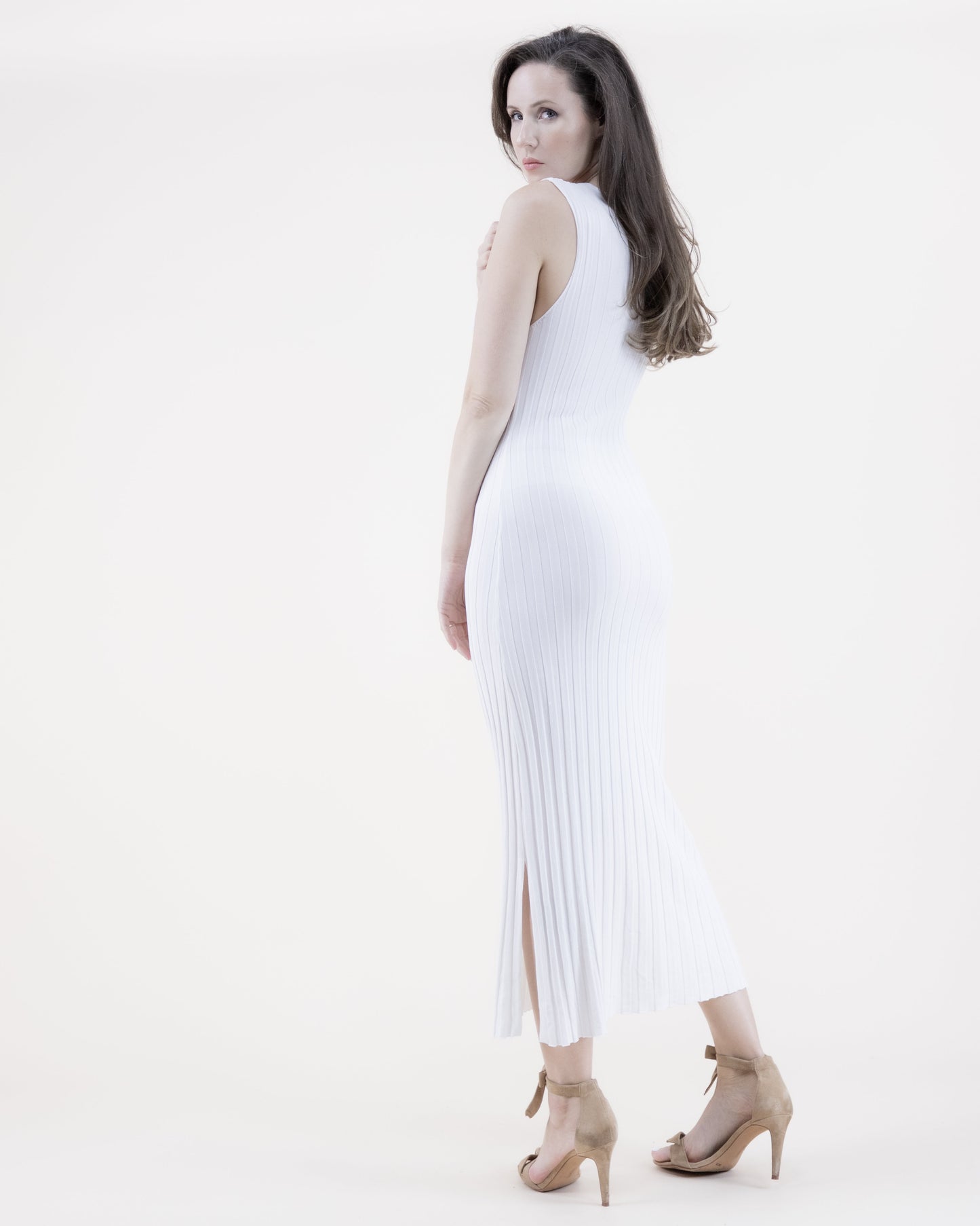 Neutral Jewel Neck Sleeveless Ribbed Knit Bodycon Dress
