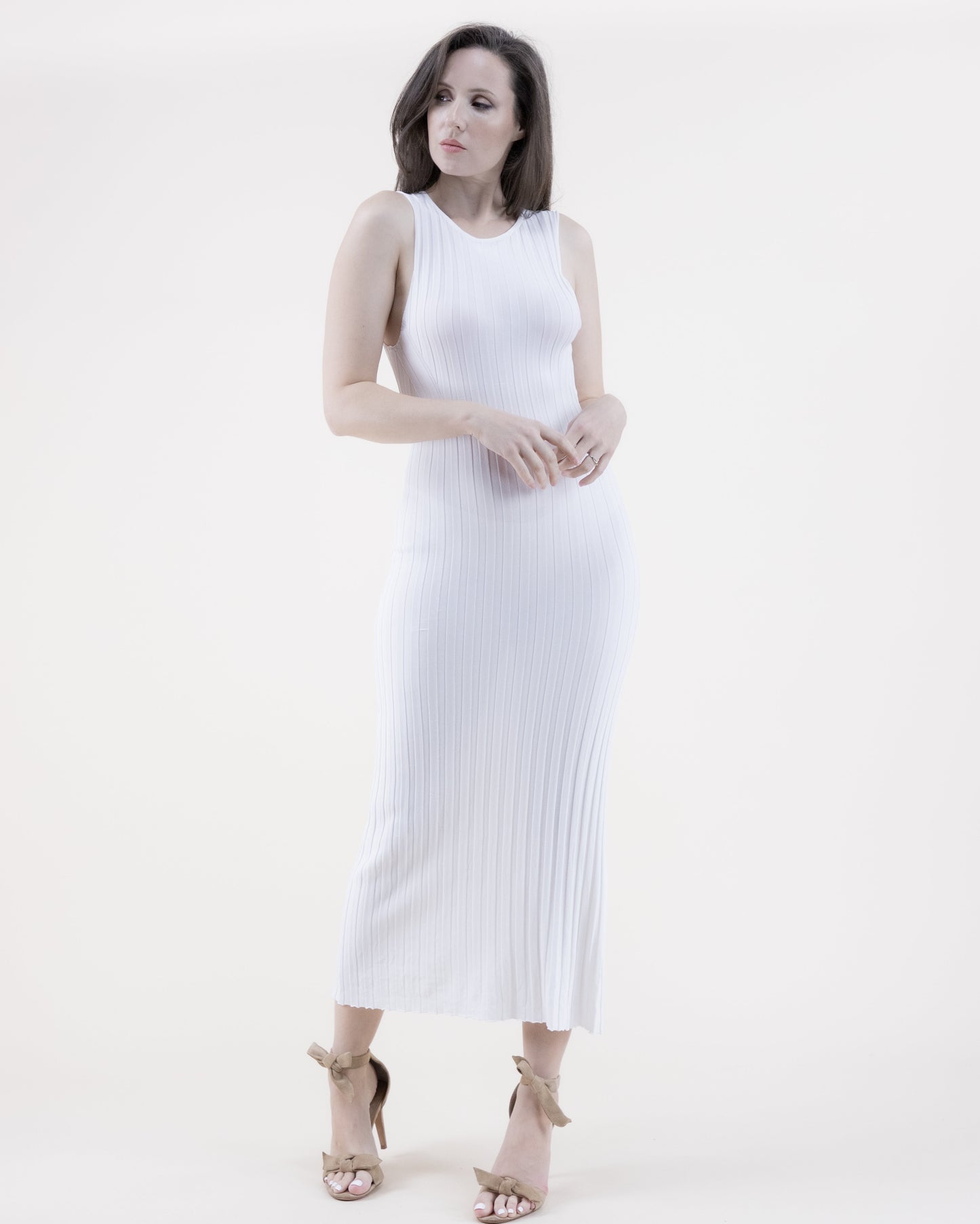 Neutral Jewel Neck Sleeveless Ribbed Knit Bodycon Dress