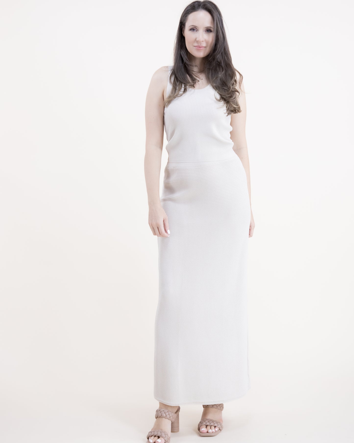 Neutral Waffle Stitch Knit Long Bodycon Pencil Skirt