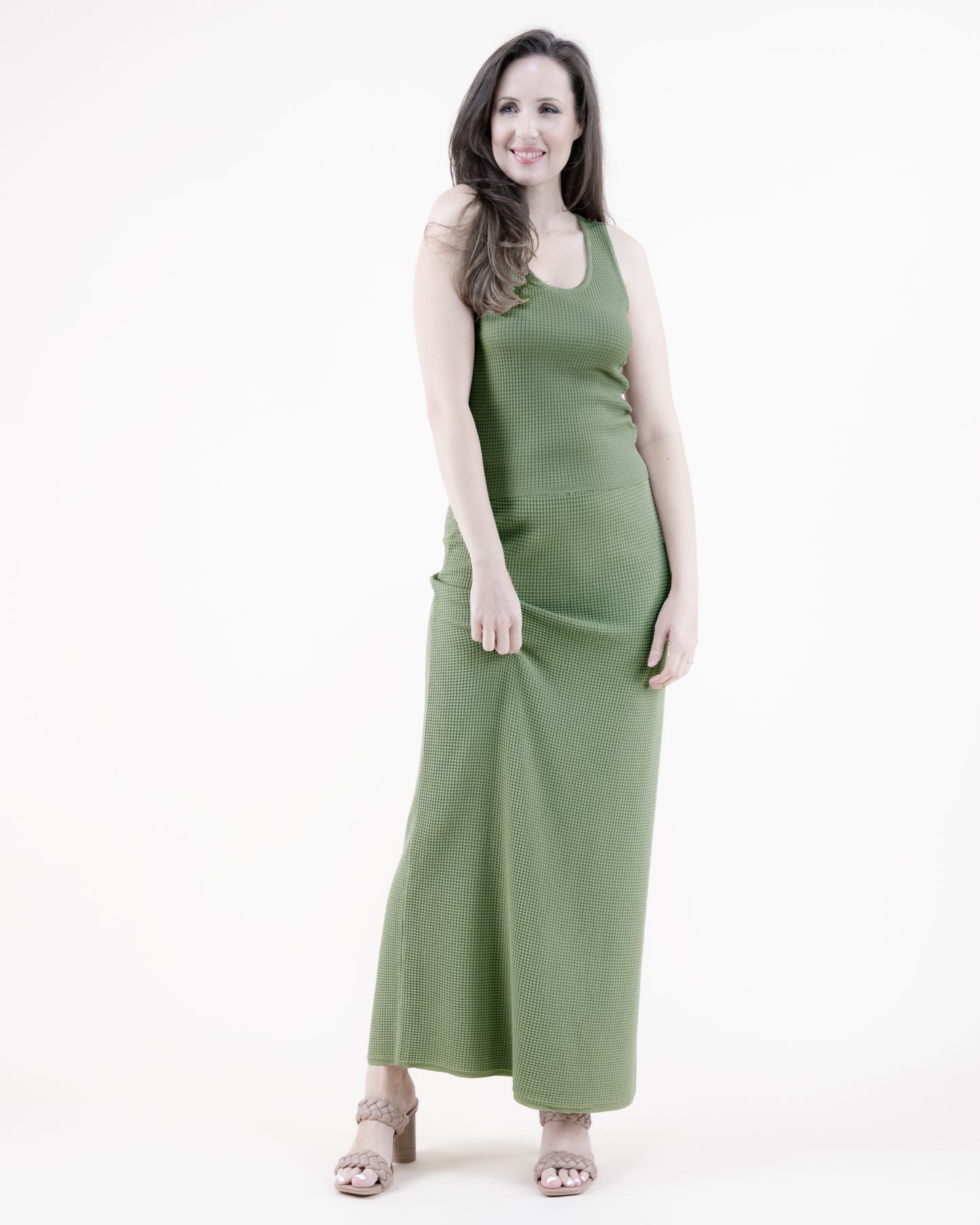 Neutral Waffle Stitch Knit Long Bodycon Pencil Skirt