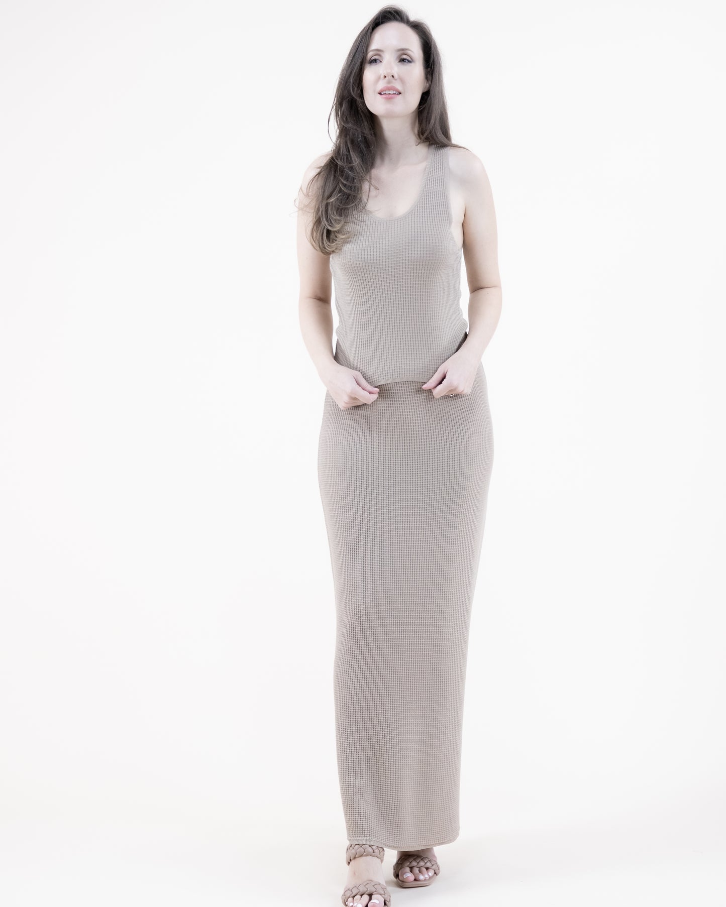 Neutral Waffle Stitch Knit Long Bodycon Pencil Skirt