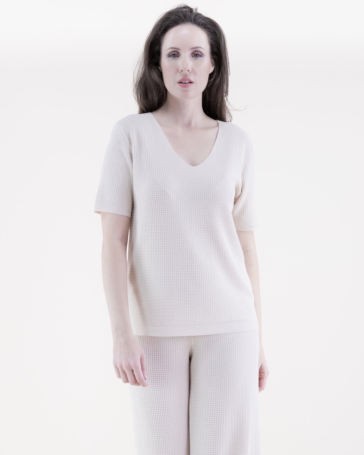 Neutral V-Neck Short Sleeve Waffle Stitch Knit Top