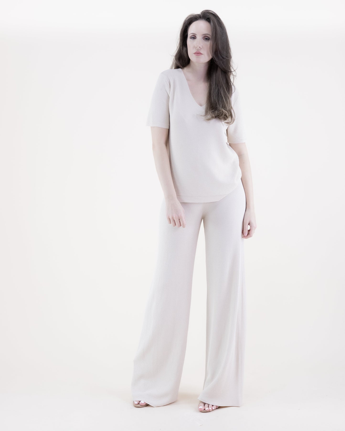 Neutral Wide Leg Waffle Stitch Knit Pants