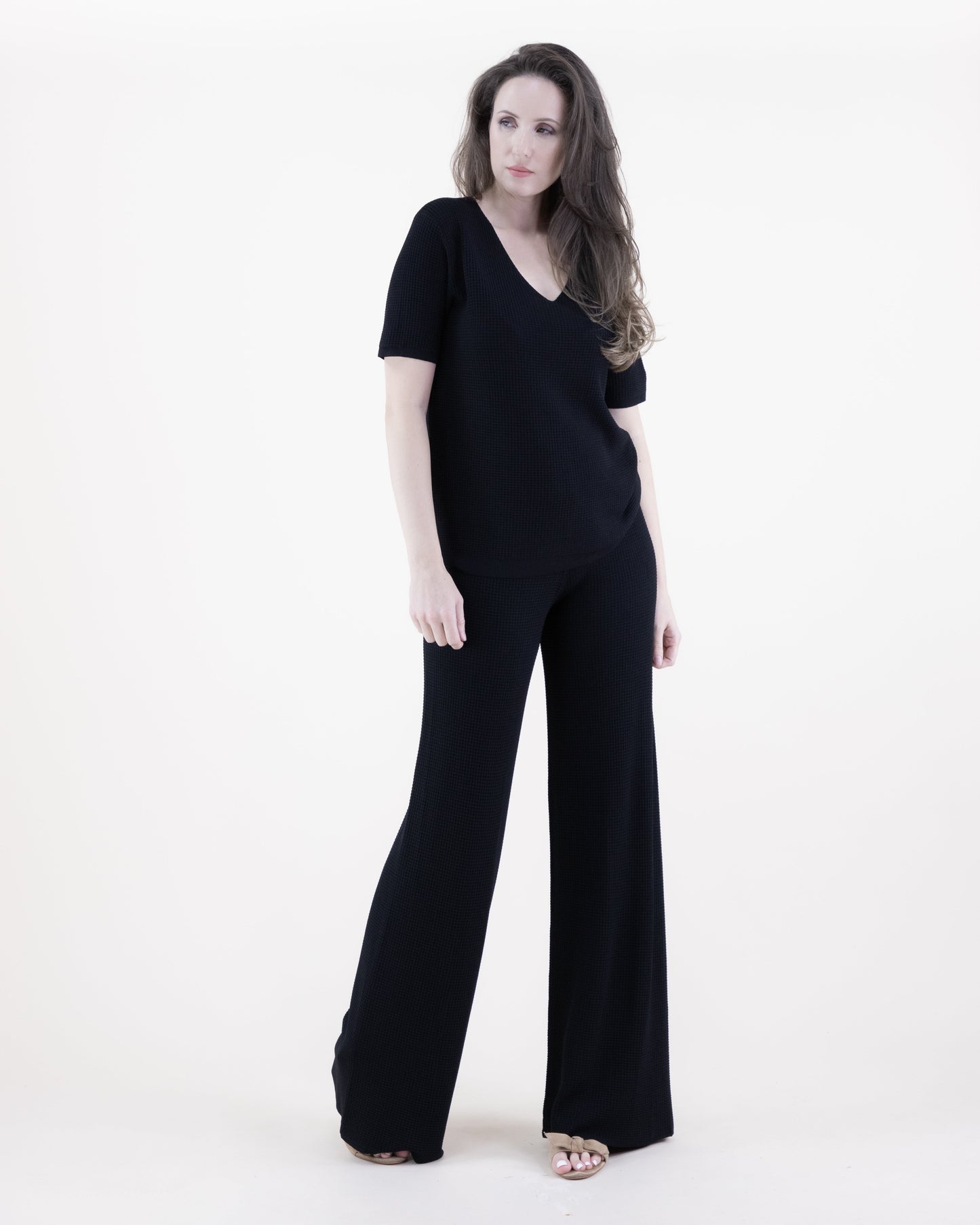 Neutral Wide Leg Waffle Stitch Knit Pants