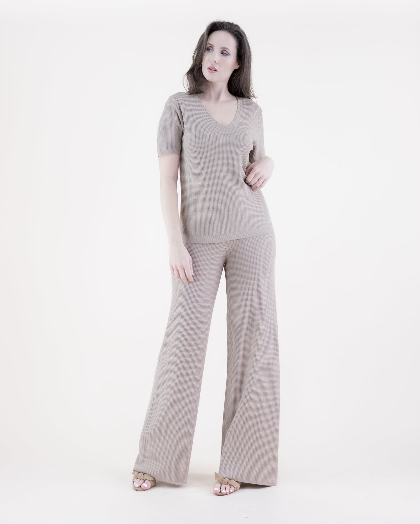 Neutral Wide Leg Waffle Stitch Knit Pants