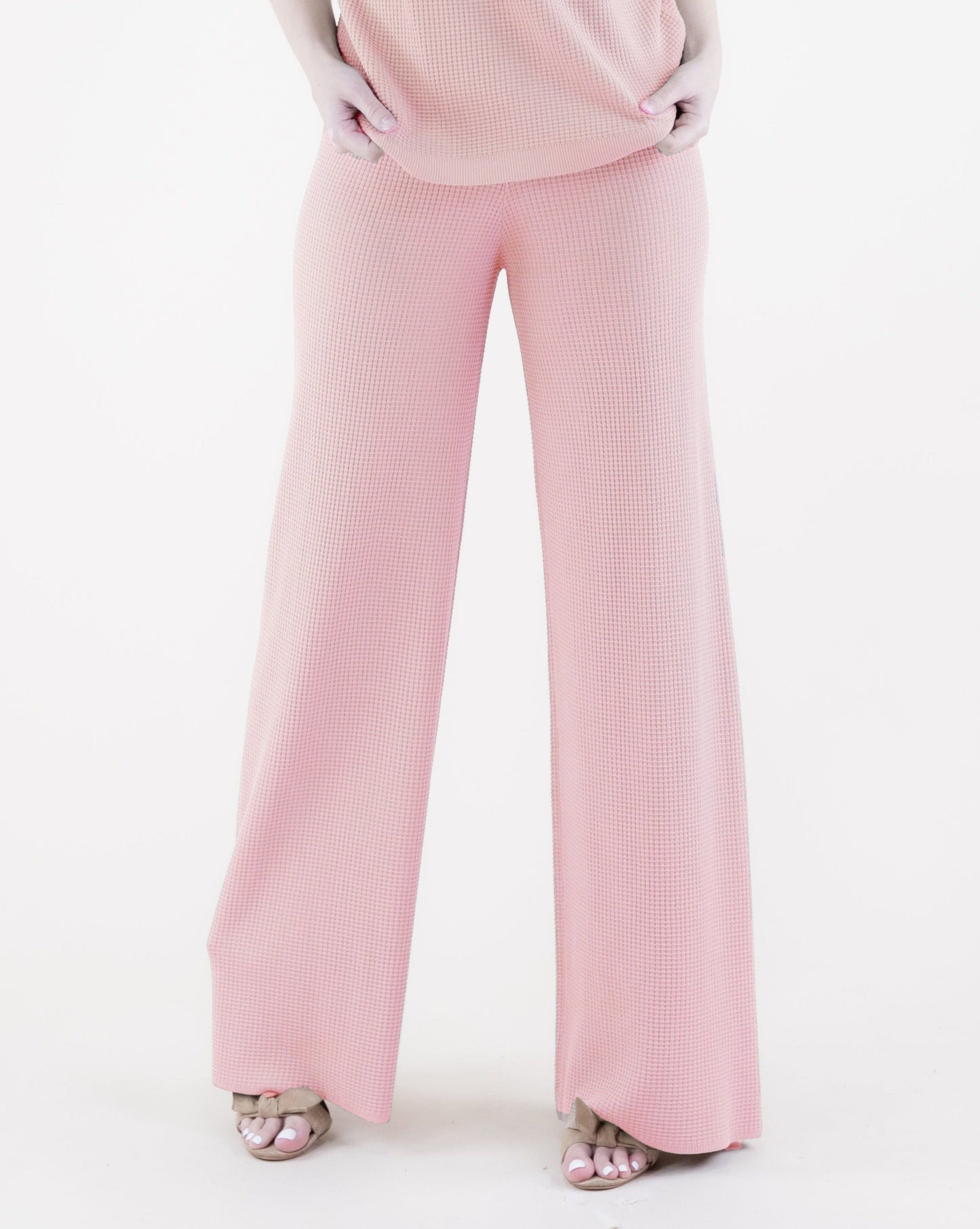 Neutral Wide Leg Waffle Stitch Knit Pants